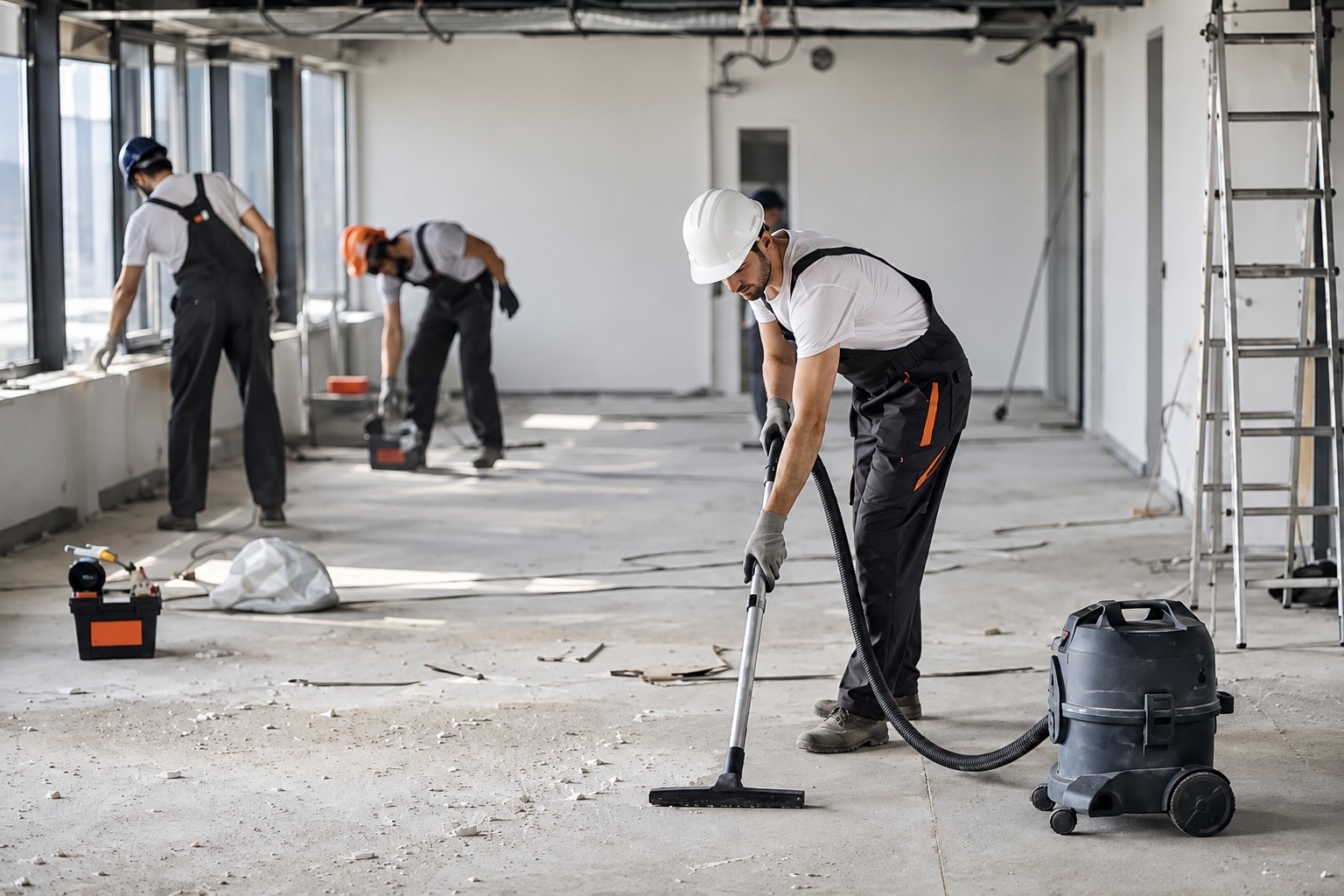 Local commercial en fin de chantier en cours de nettoyage avant la livraison