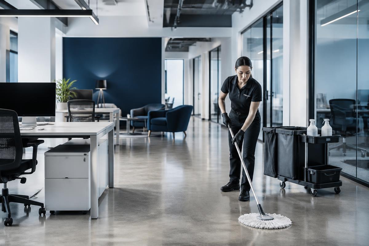 Aire de bureaux vitrée nettoyée en fin de quart, planchers et surfaces sans traces