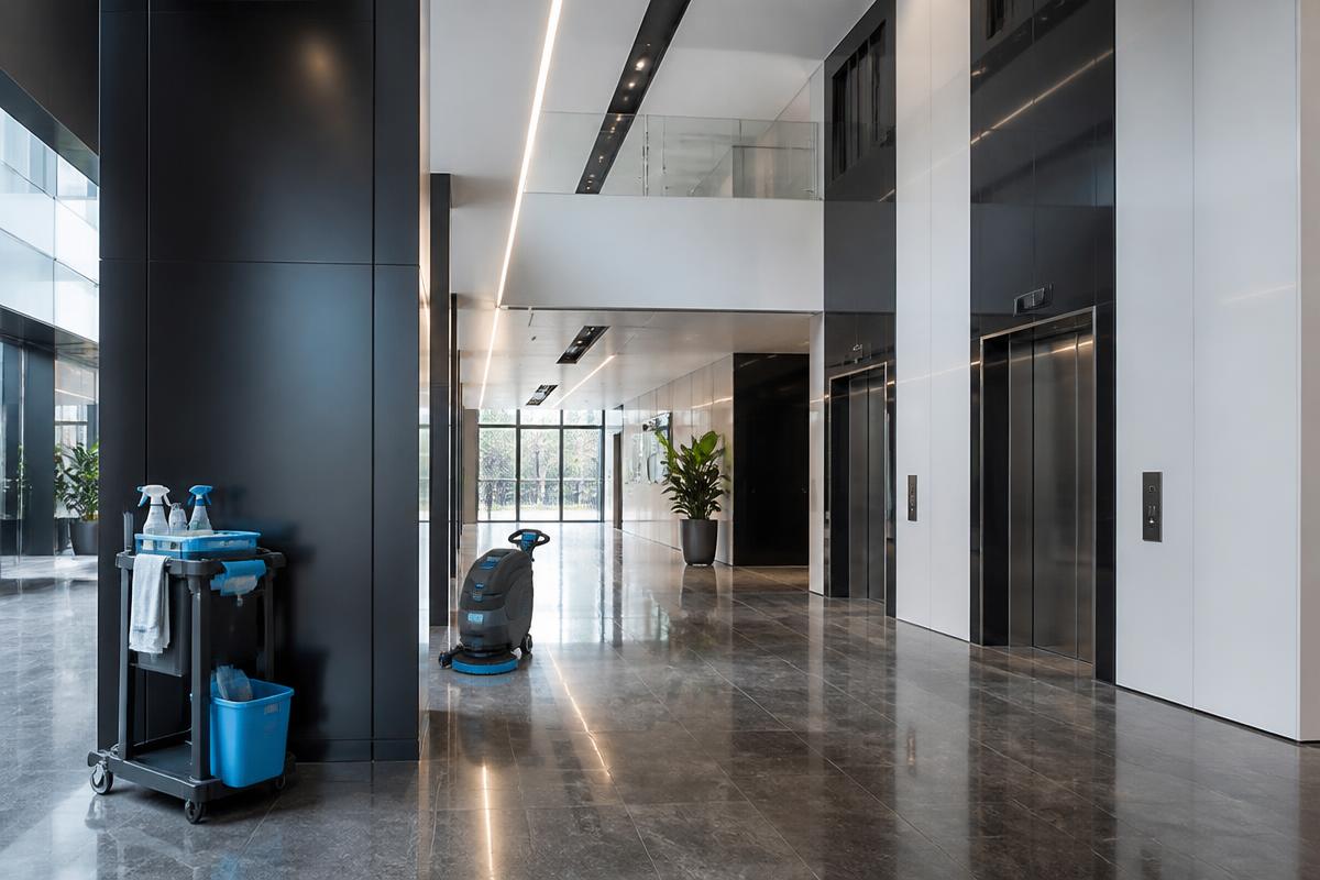 Hall d'entrée et corridors d'un immeuble, planchers et vitrages propres